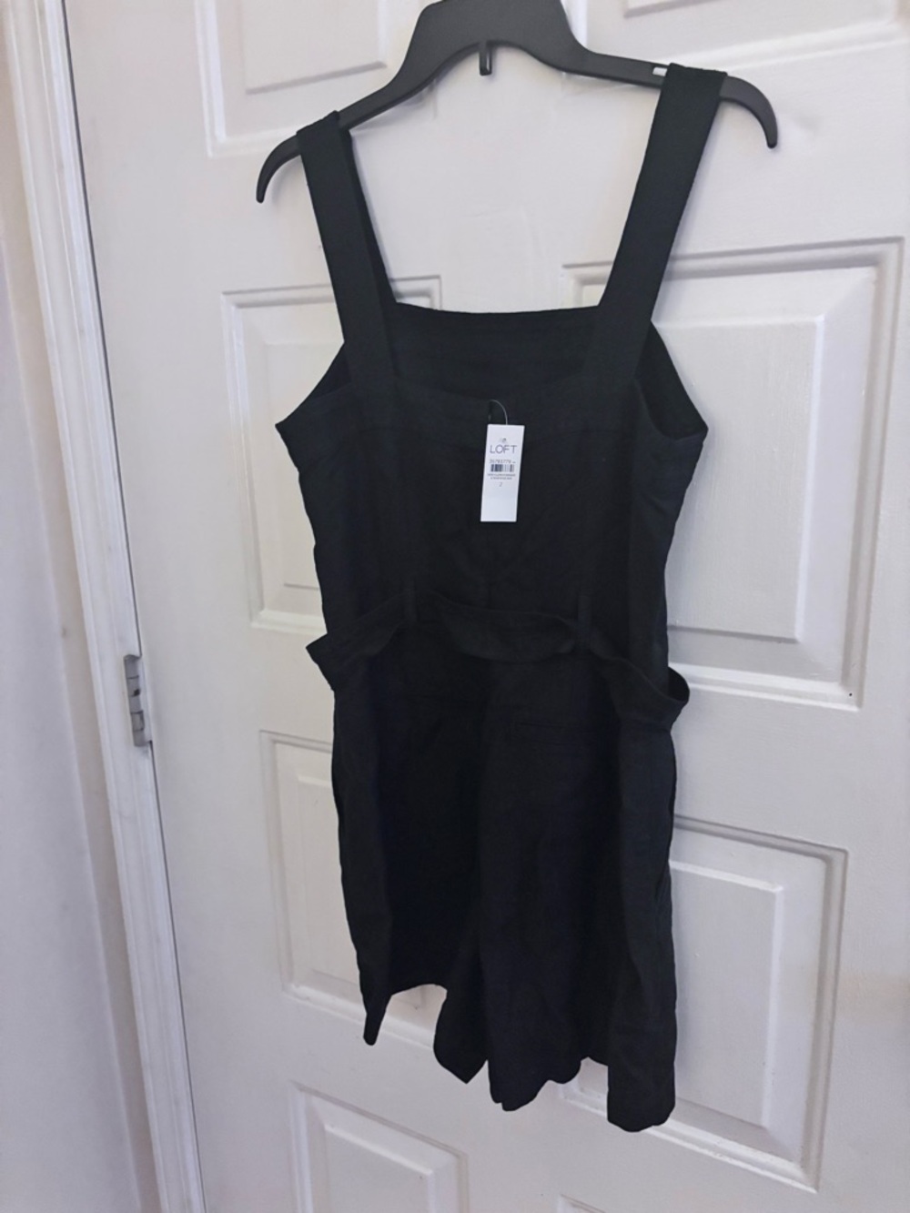 LOFT Black Square-Neck Belted Linen Blend Short Romper with Tortoiseshell Buckle - Picture 6 of 8